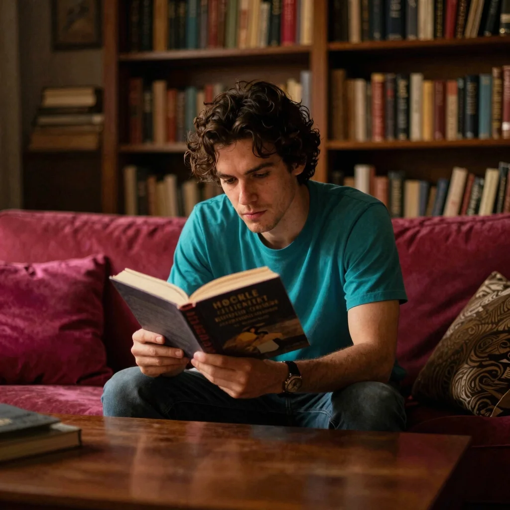 Homme lisant un livre dans un salon cosy, ambiance feutrée, refle