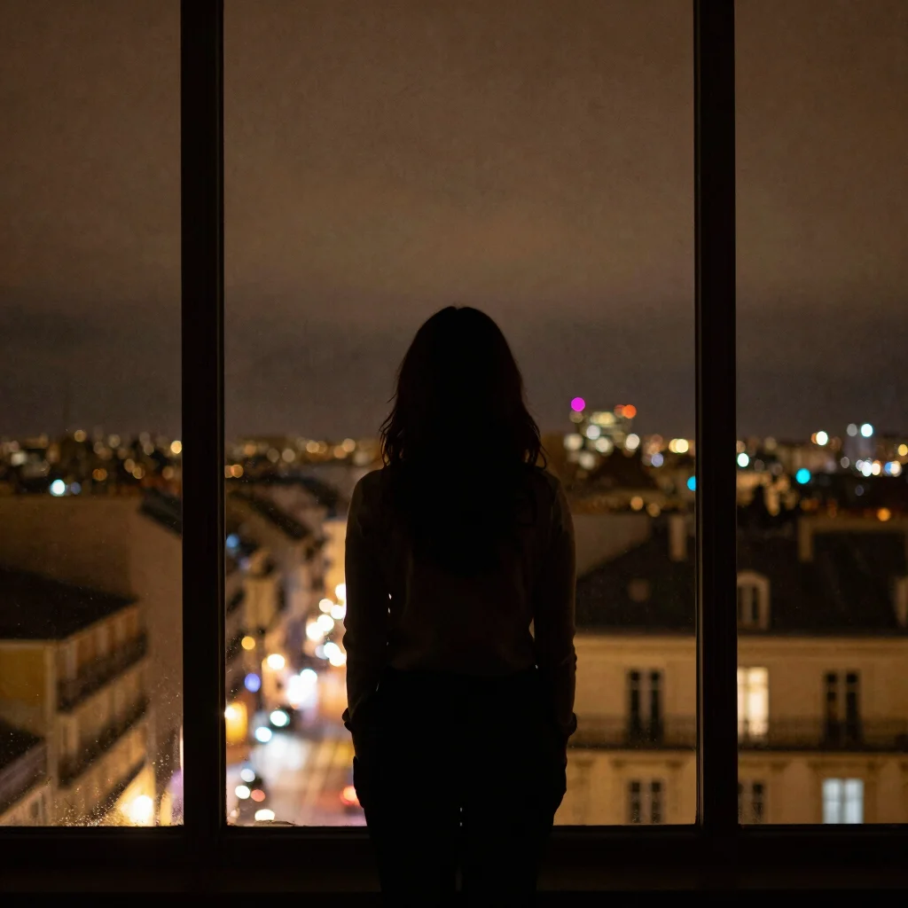 Silhouette d'une femme devant une fenêtre avec vue sur la ville l