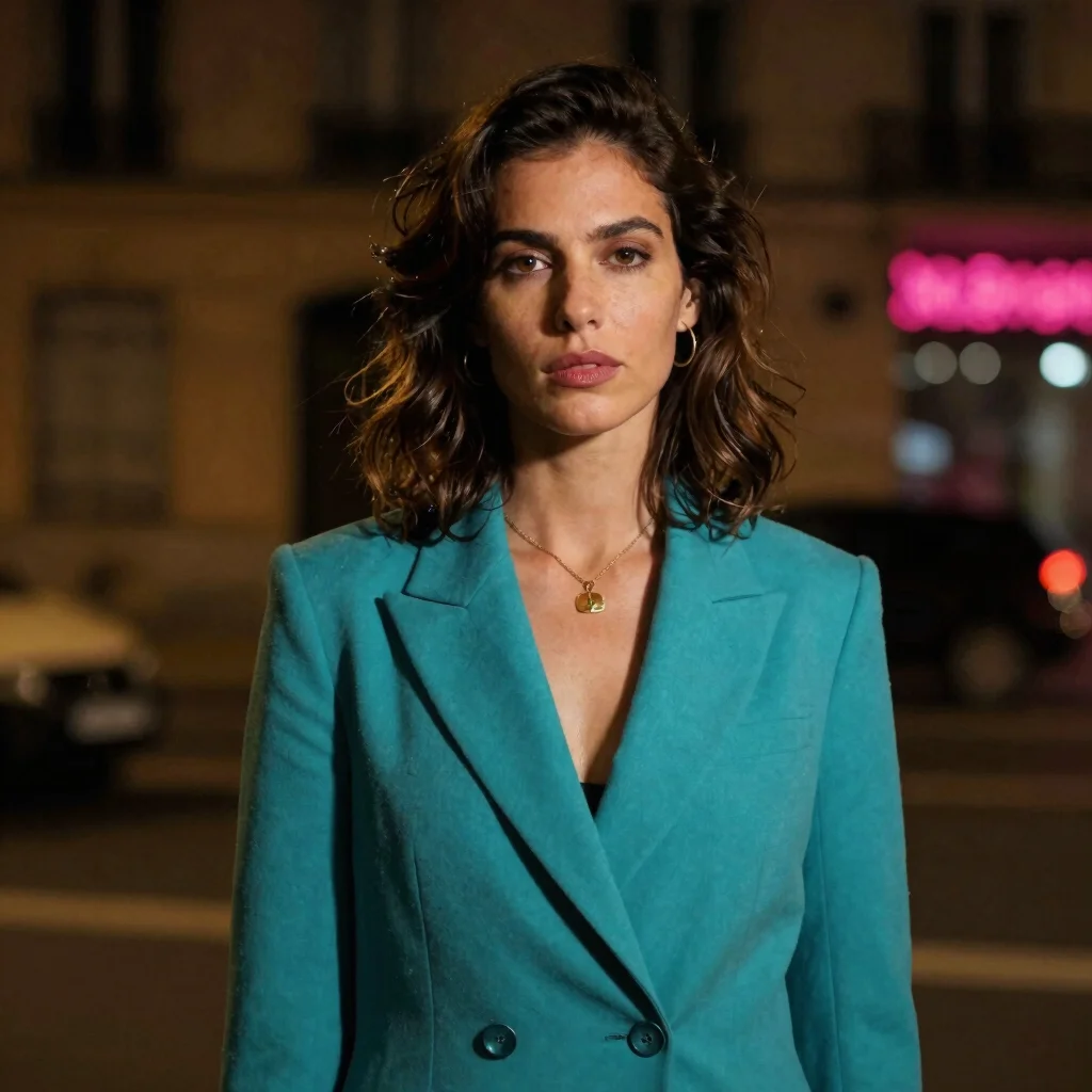 Portrait éditorial d'une femme urbaine élégante, lumière tamisée,
